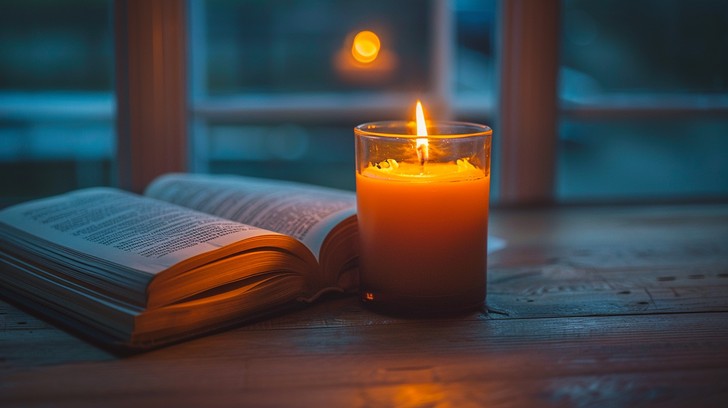 A softly lit bedside table with a candle, an open book, and a warm lamp in a calm evening setting