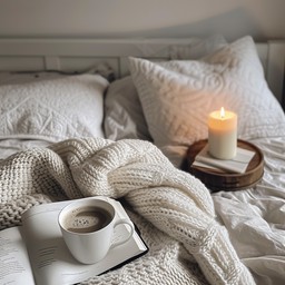 A calm sunlit corner with a cushion, a warm blanket, and a cup of herbal tea by a window